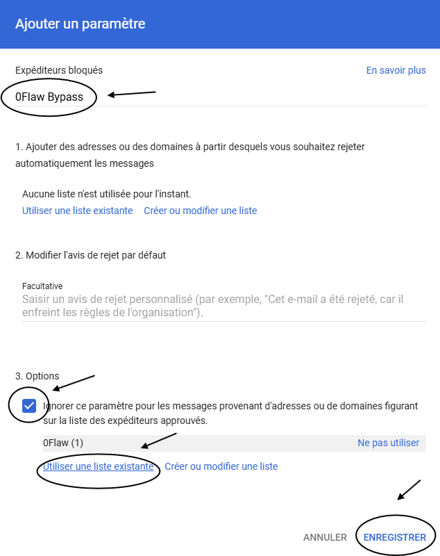 Configuration de la section Expéditeurs bloqués