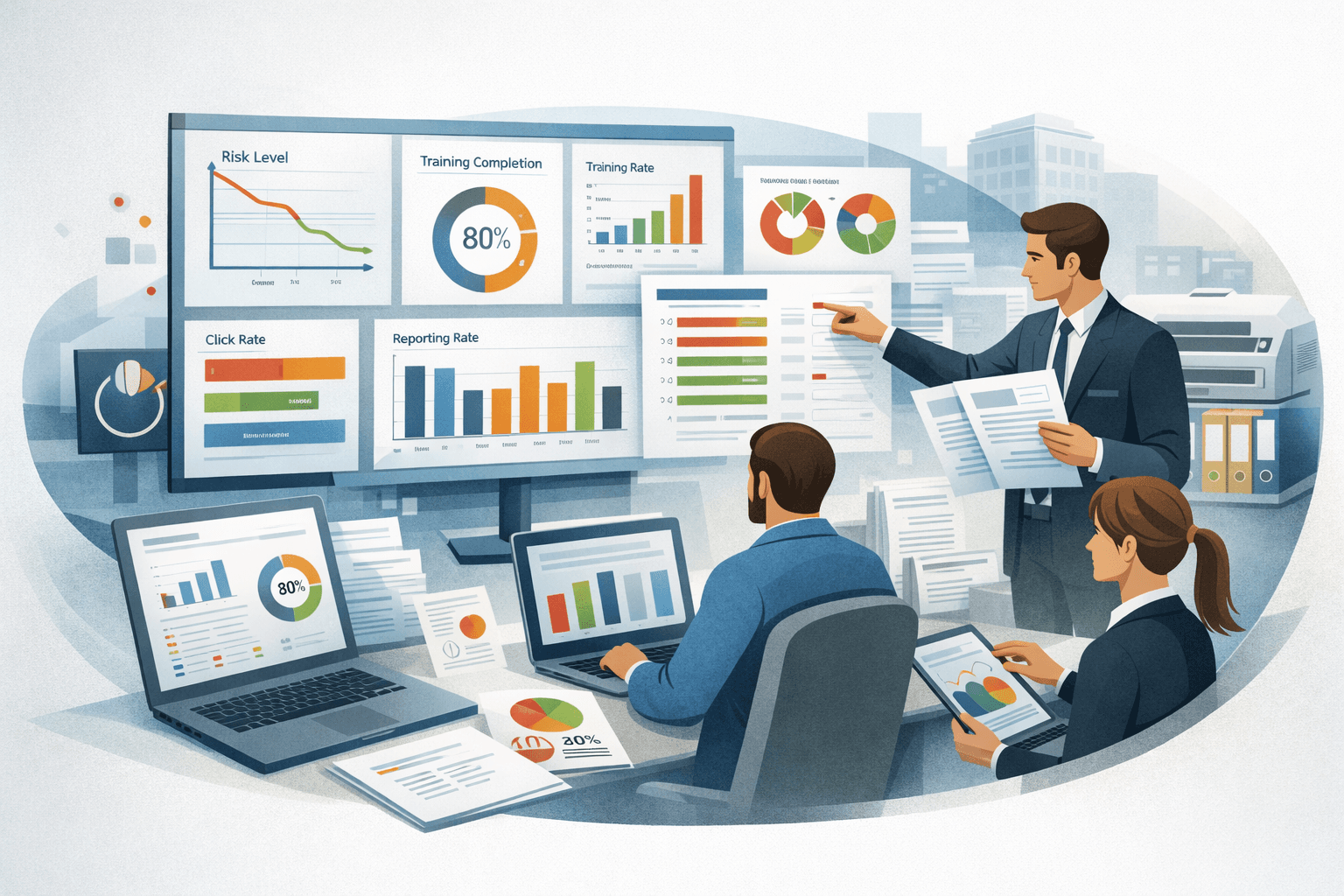 Tableaux de bord 0Flaw - taux de clic, signalement, formations et niveau de risque par équipe