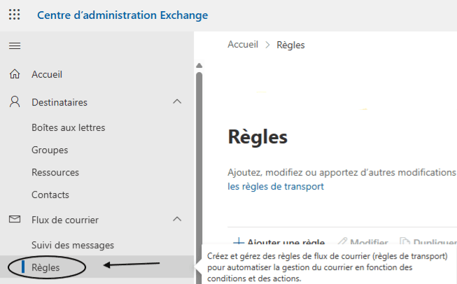Interface des paramètres Exchange - Section Règles