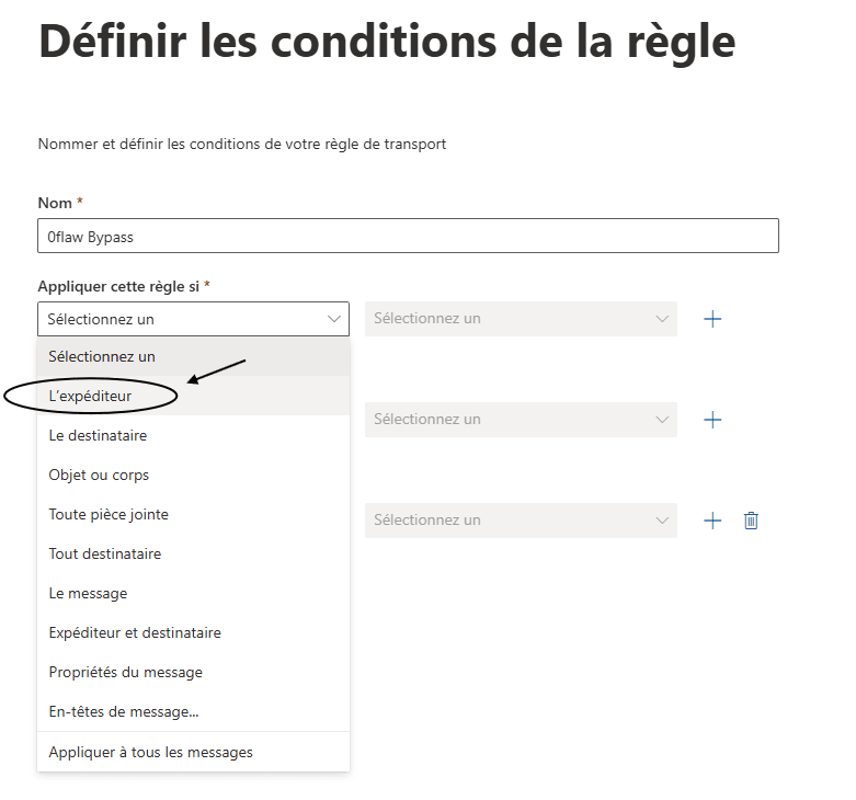 Sélection de l'expéditeur dans la règle