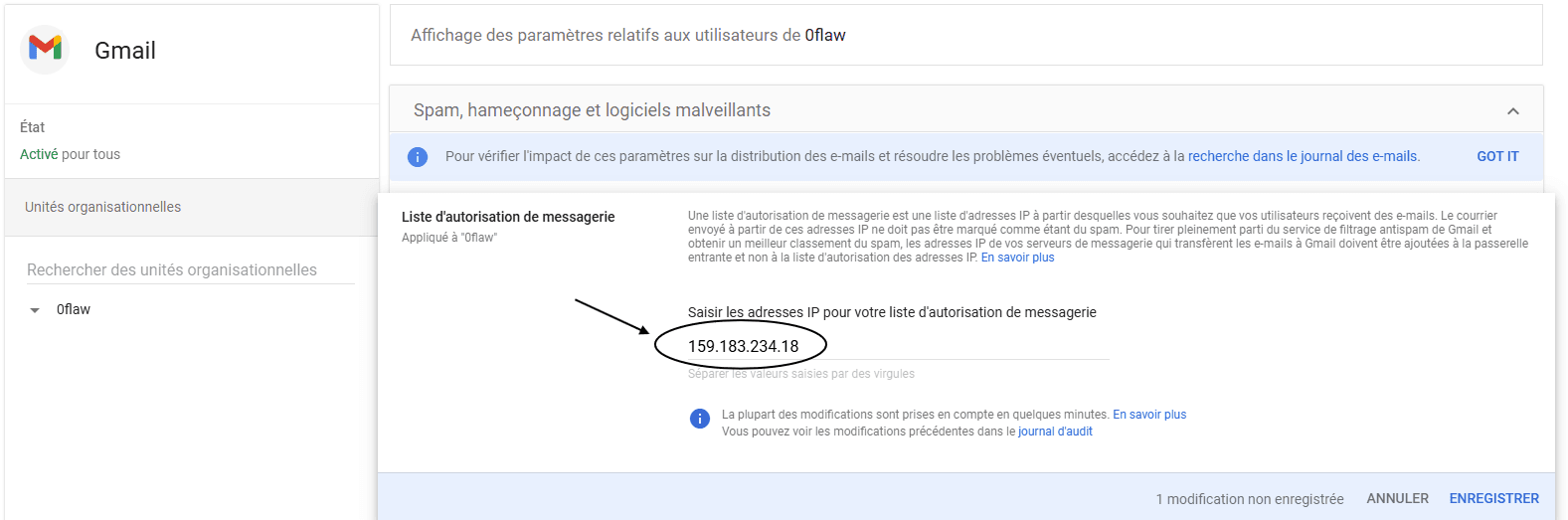 Configuration de l'IP dans la liste blanche de messagerie Google