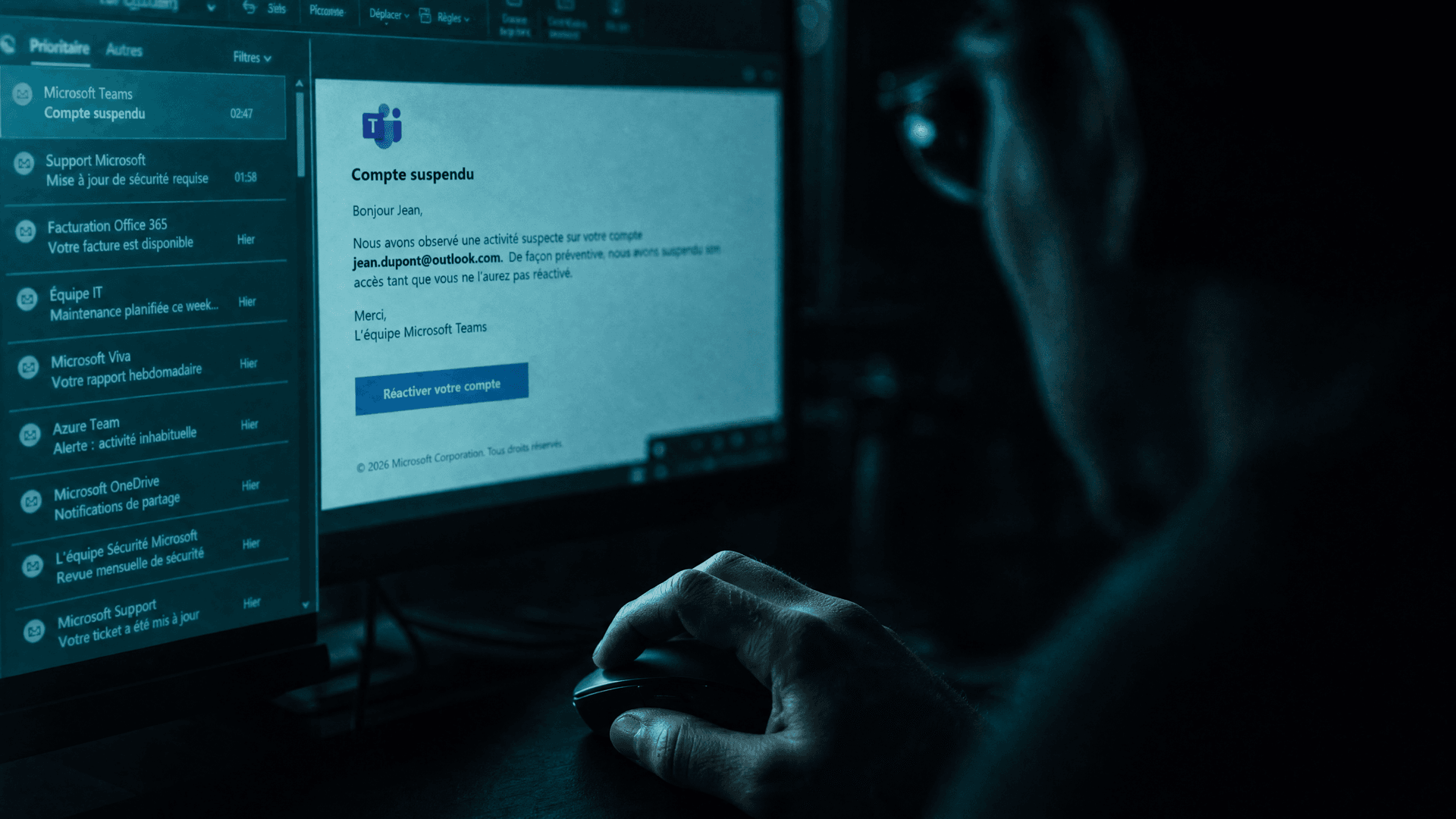 Faux email Microsoft Teams « Compte suspendu » affiché sur un écran de bureau