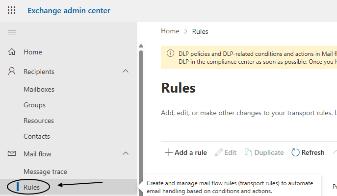 Exchange settings interface - Rules section
