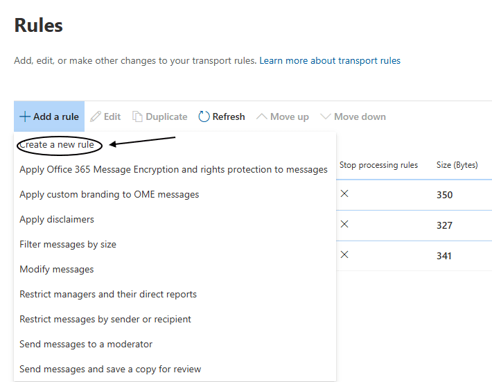 Exchange rule creation interface