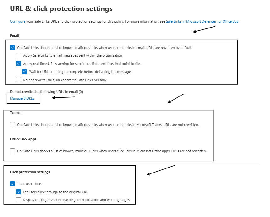 Safe Links configuration settings