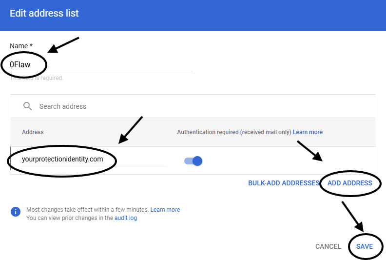 Address lists configuration window