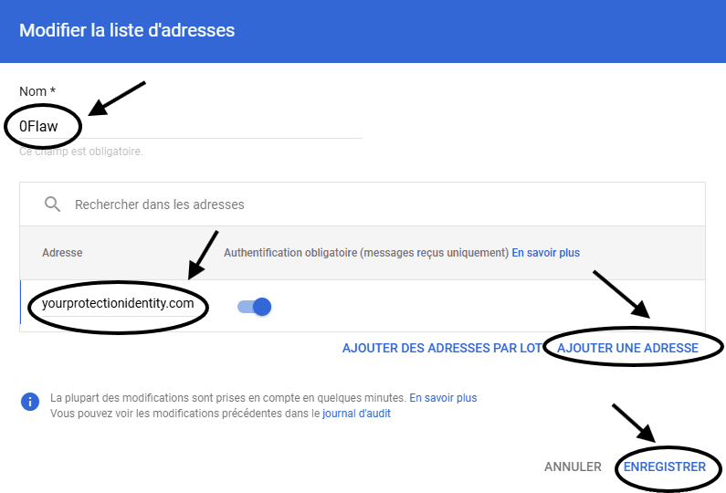 Fenêtre de configuration des listes d'adresses