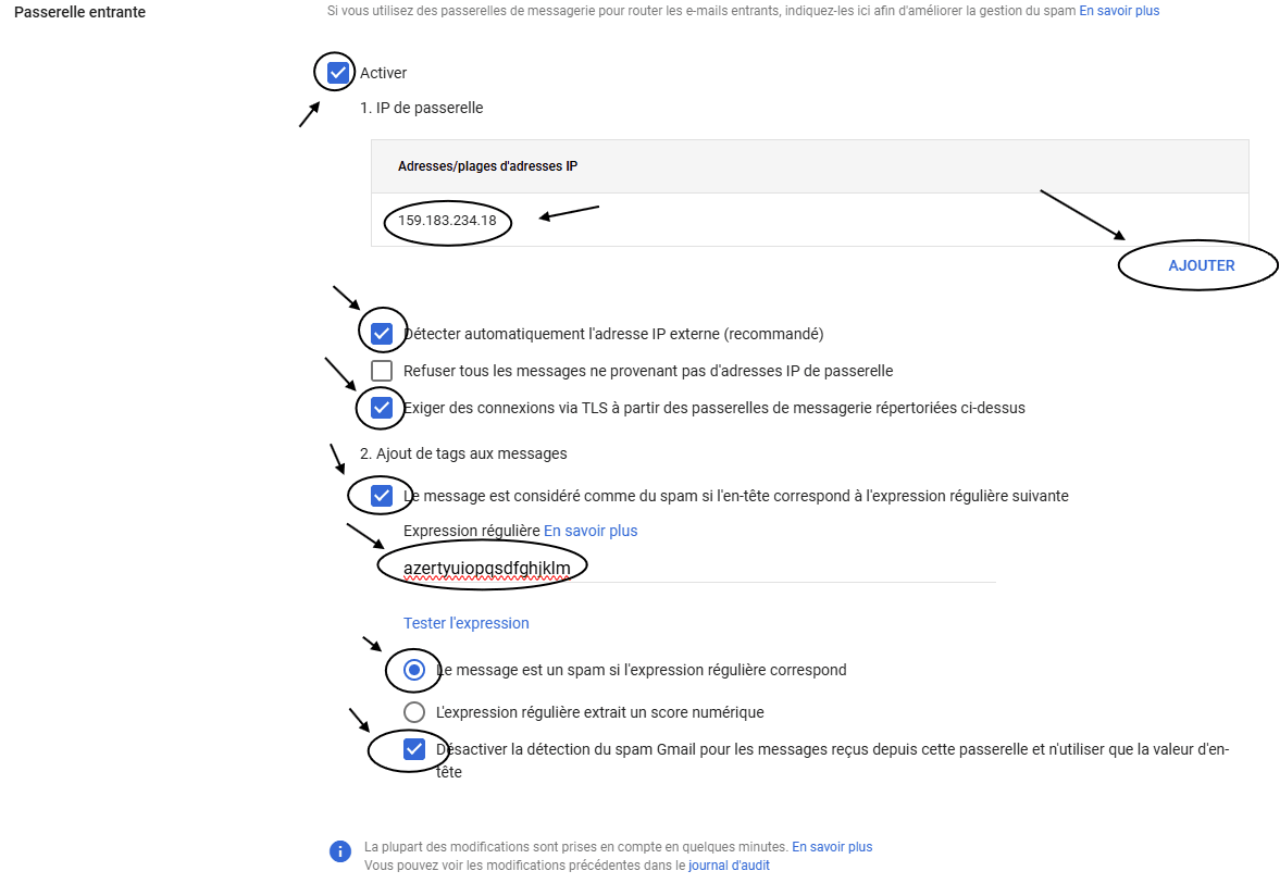 Interface des sections Passerelle entrante