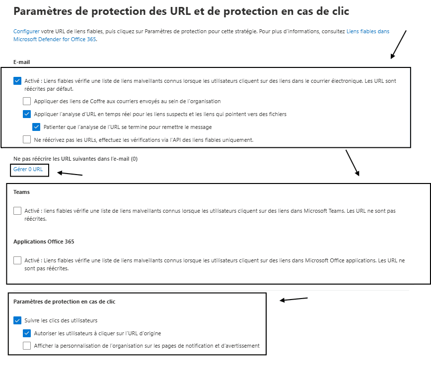 Paramètres de configuration Safe Links