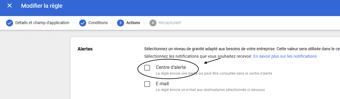 Configuration de la règle - étape Actions