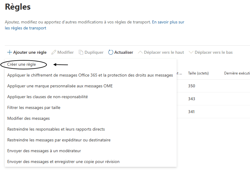 Interface de création de règle Exchange