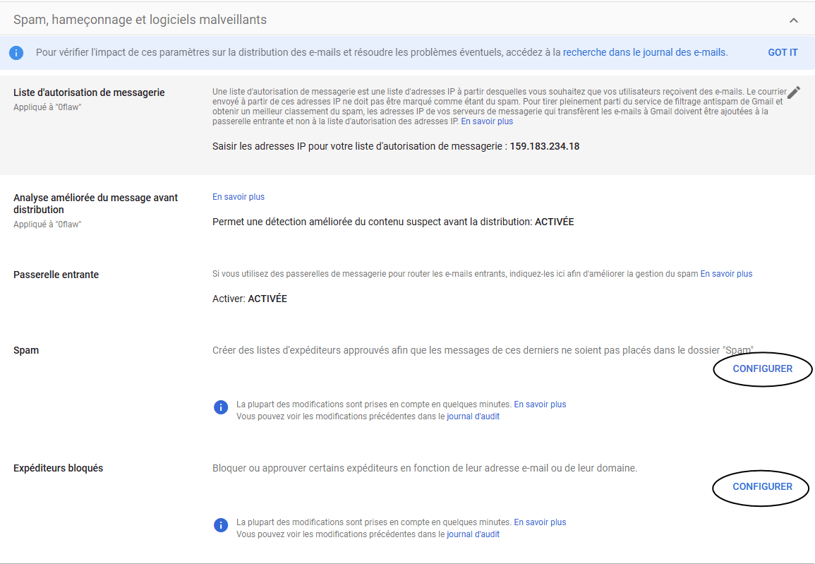 Retour à la configuration Spam et Expéditeurs bloqués